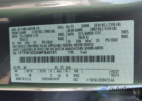 2021 Ford F-150 Xlt z USA, uszkodzony, nr VIN 1FTFW1EDXMFB40151